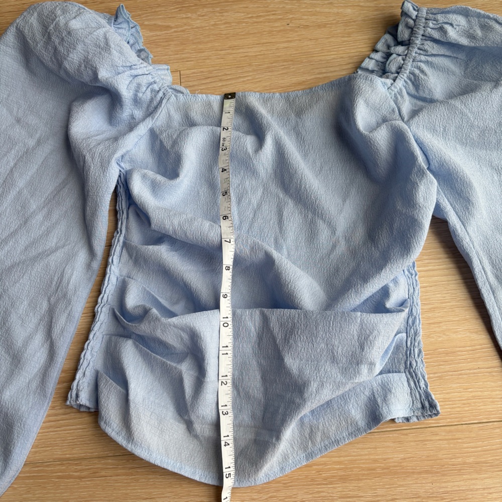 2/$10 SHEIN Light Blue Puff Sleeve Smocked Top stretchy ruched top size S - Picture 6 of 7